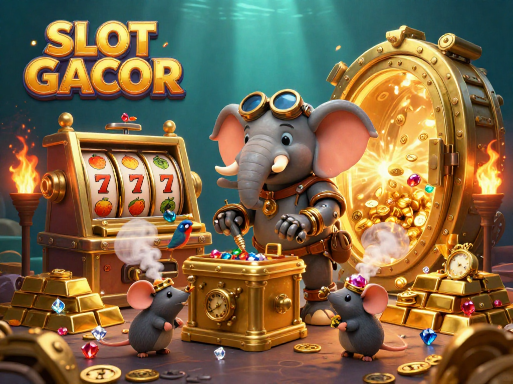 SLOT GACOR interactive slot machine scene with steampunk elephant and treasures.