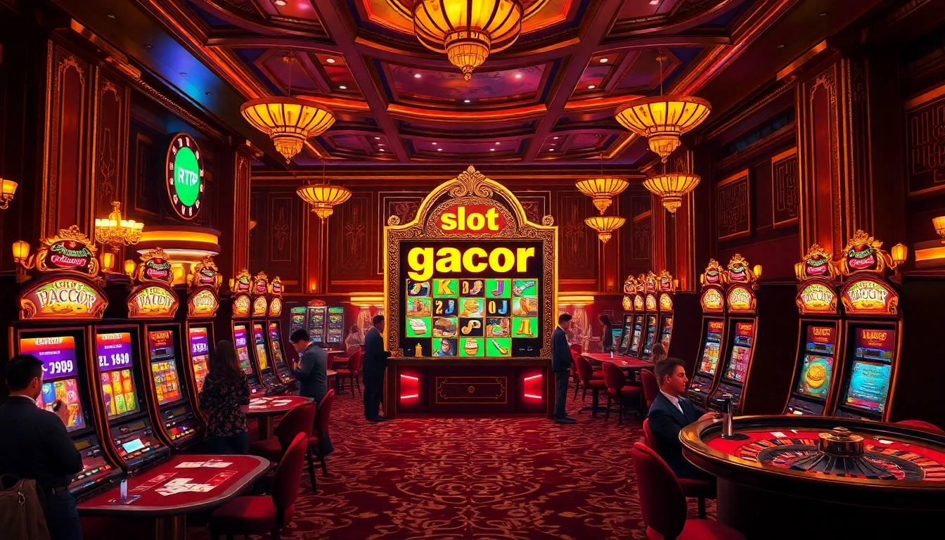 Experience the thrill of slot gacor gambling with vibrant casino scenes featuring lively players and winning machines.