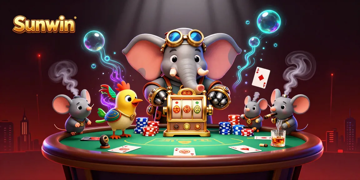 Sunwin illustrates a vibrant casino scene with a steampunk elephant and poker elements.