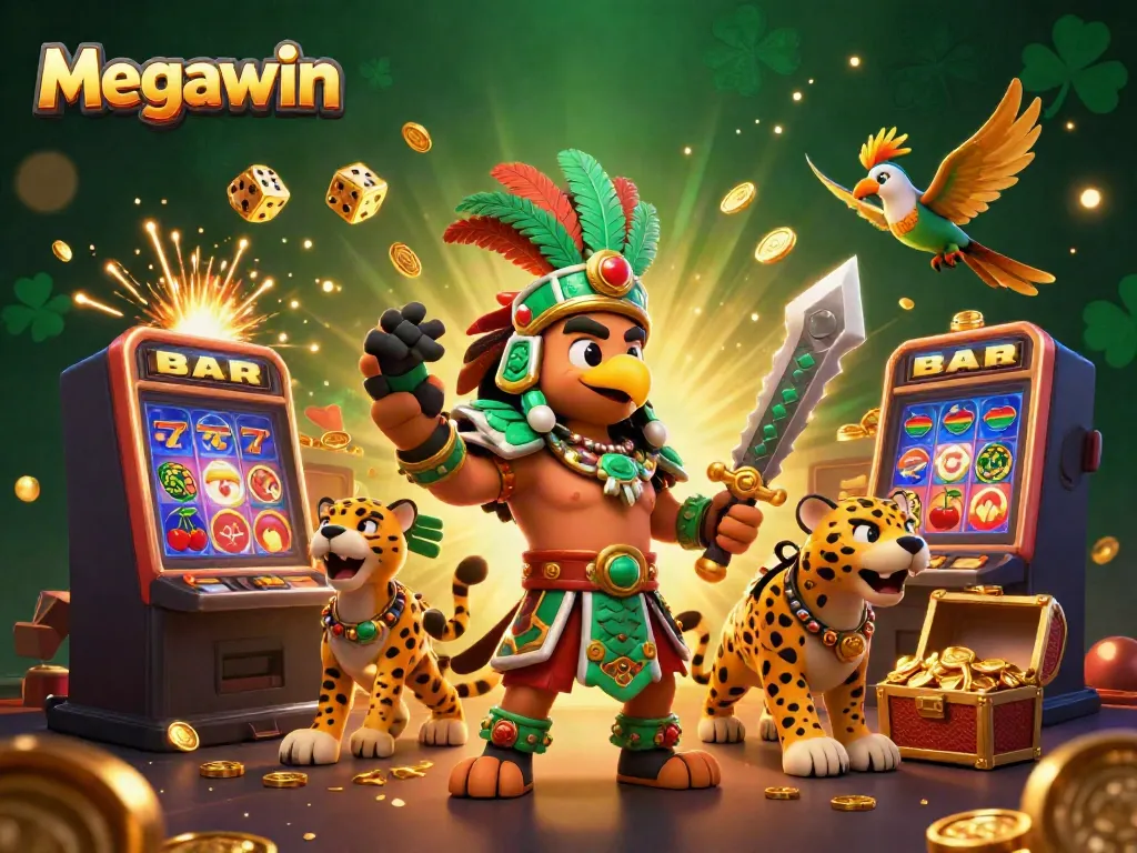 Menangkan jackpot di Megawin dengan simbol slot yang berkilauan dan petarung Aztec.