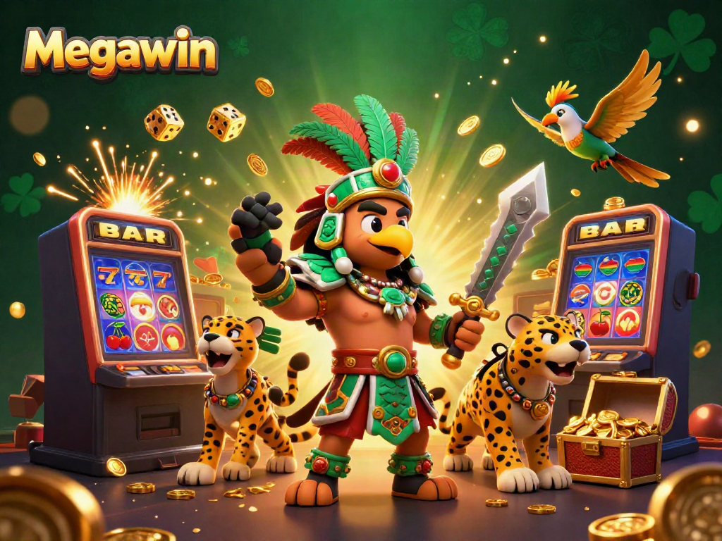 Menangkan jackpot di Megawin dengan simbol slot yang berkilauan dan petarung Aztec.