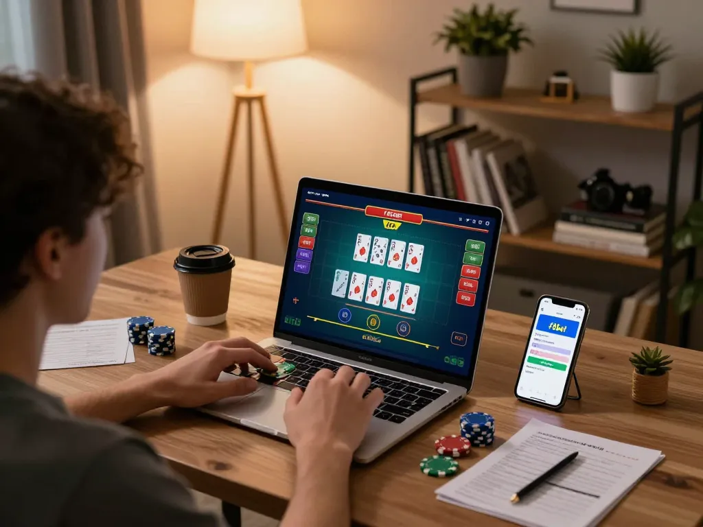 Engaging in dynamic blackjack gameplay with f8bet on a laptop in a cozy home setting.