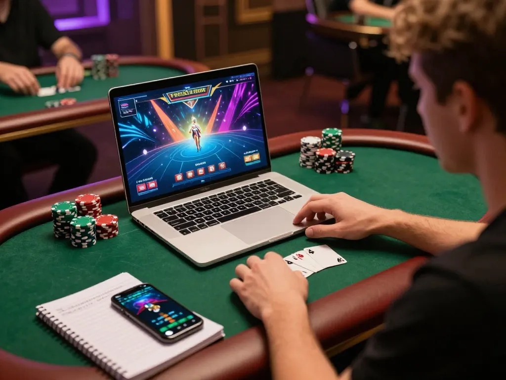 Experience the thrill of online gambling with ทางเข้า m112 as a player engages in poker on a laptop, showcasing exciting graphics and a strategic setup.