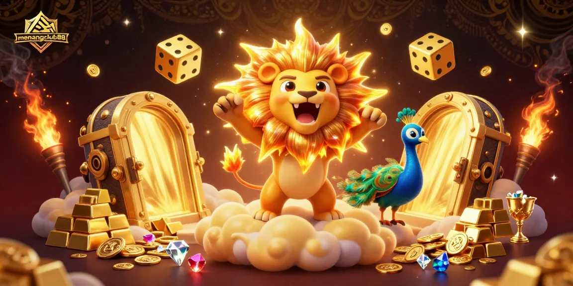 Experience the excitement at menangclub88 with the roaring lion amidst golden treasures and vibrant gameplay elements.