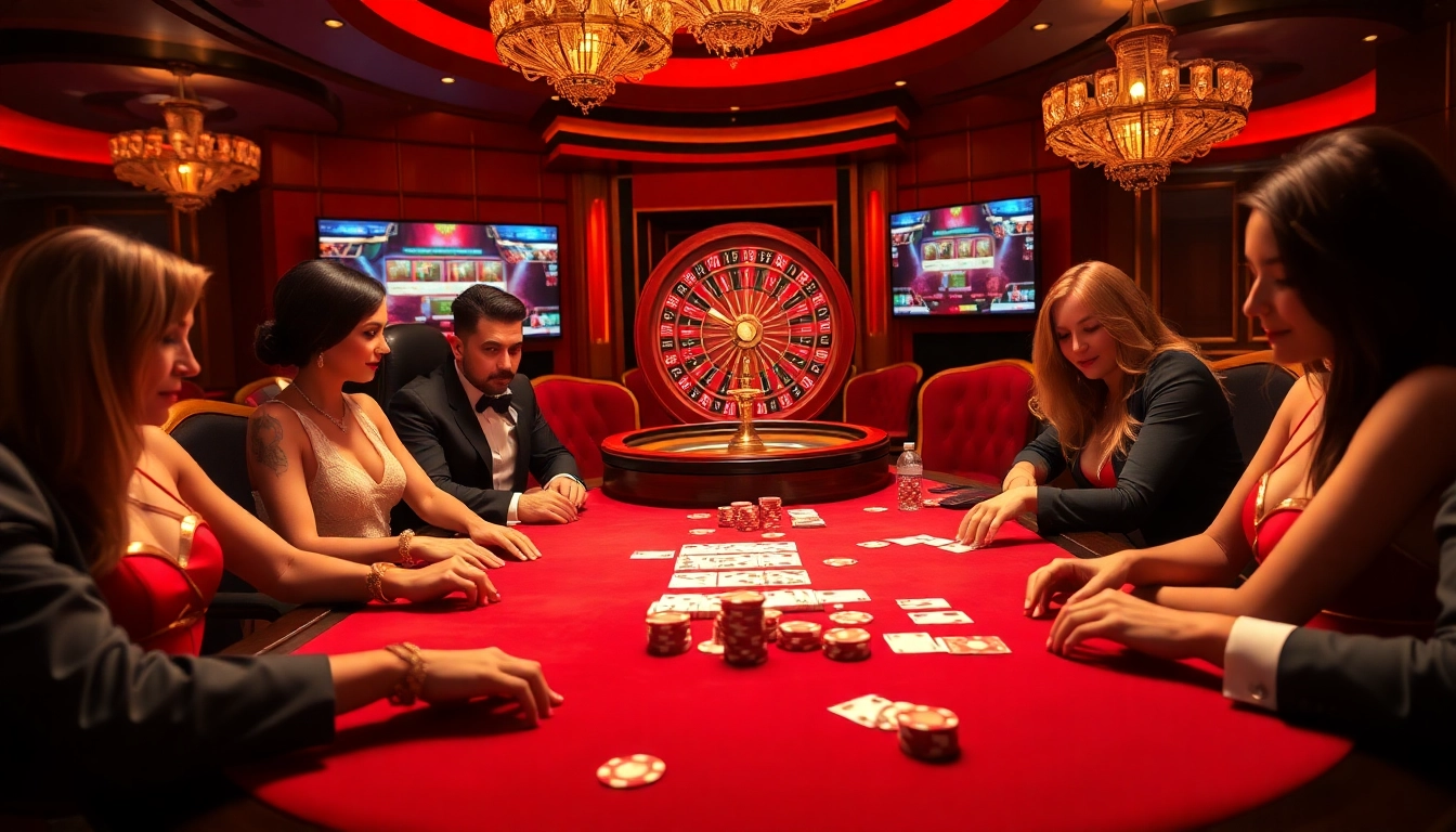 Engaging atmosphere of a poker game at https://okwin.blog/, showcasing intense players and vibrant casino elements.