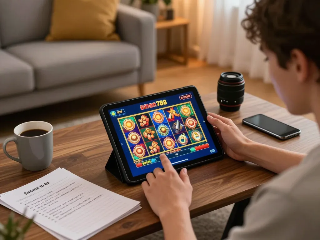 Orang yang bermain aman788 slot gacor di tablet dalam suasana rumah yang nyaman, catatan strategi terlihat
