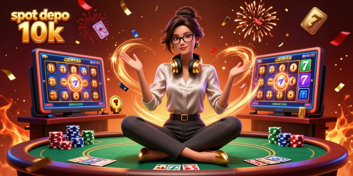 Spin to win with slot depo 10k, featuring a professional gamer celebrating at a high-tech casino setup.