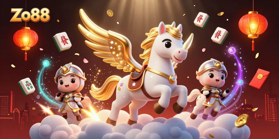 Zo88 illustrates a thrilling casino experience, featuring a celestial horse and gaming elements.