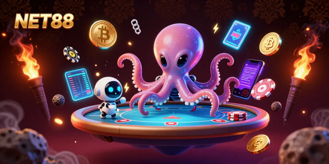 NET88’s vibrant gaming scene featuring a holographic poker table operated by a colorful alien octopus.