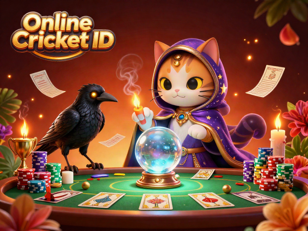 Engage with Online Cricket ID featuring a mystic cat and a raven at a vibrant betting scene.
