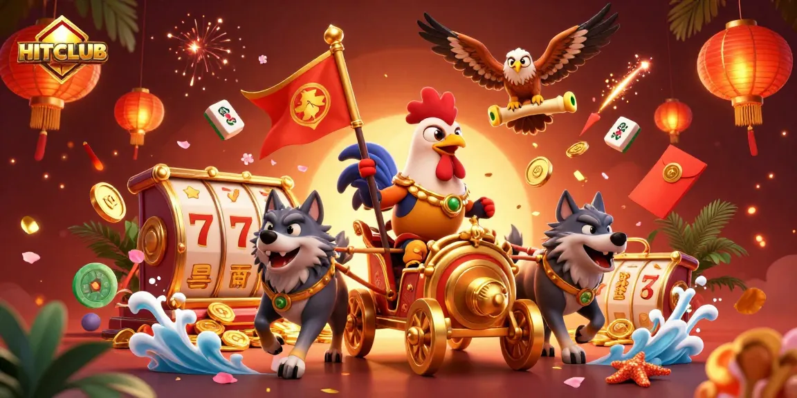 Experience HITCLUB with a colorful 3D casino scene featuring a rooster warlord and winning slots