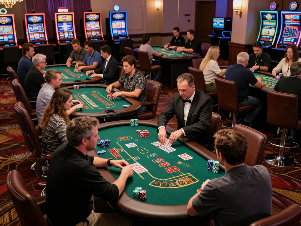 Players enjoying blackjack at a lively casino floor in a hit club atmosphere, showcasing strategic gameplay and engagement