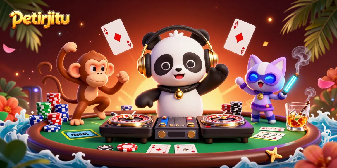 Petirjitu menghadirkan DJ panda dan karakter kasino dalam suasana meriah dan kasino yang memikat.