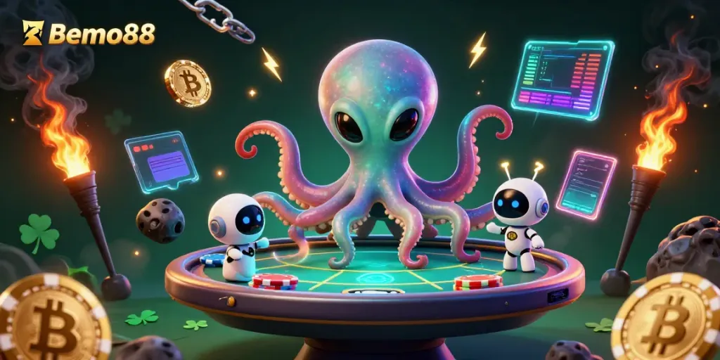 Engage with exciting poker activities at Bemo88 with a unique alien octopus character.