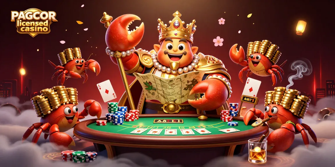 PAGCOR licensed casino scene showcasing a golden crab emperor and poker elements surrounded by vibrant details