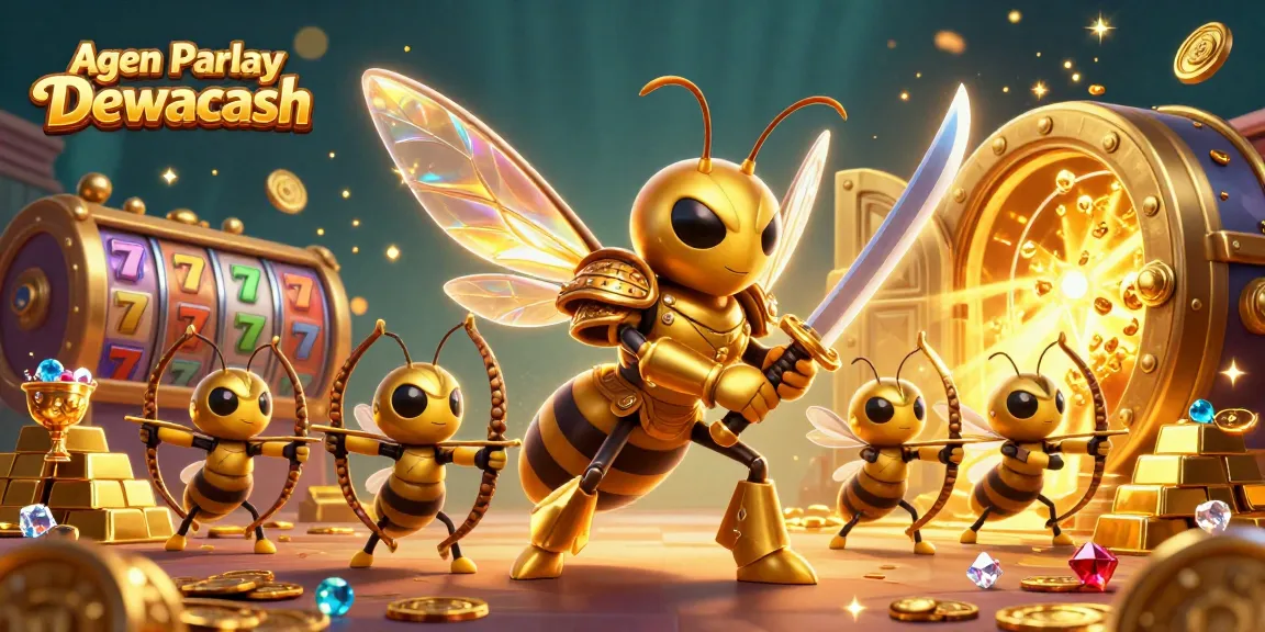 Agen Parlay Dewacash showcases a vibrant 3D casino scene with dynamic slot reels and golden treasure.