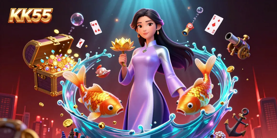 Celebrate wins at KK55 with vibrant casino elements and a stunning golden koi fish backdrop.