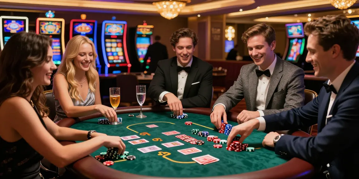 Exciting group playing toto slot at a casino table, vibrant atmosphere.