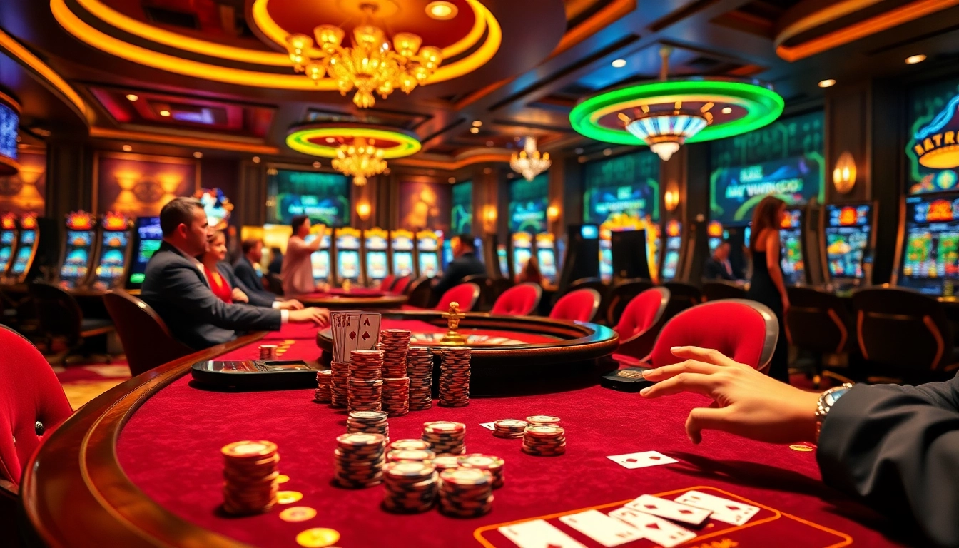 Engaging casino scene illustrating online gambling excitement at http://dolaris.ru.com/ with poker chips, tables, and players.