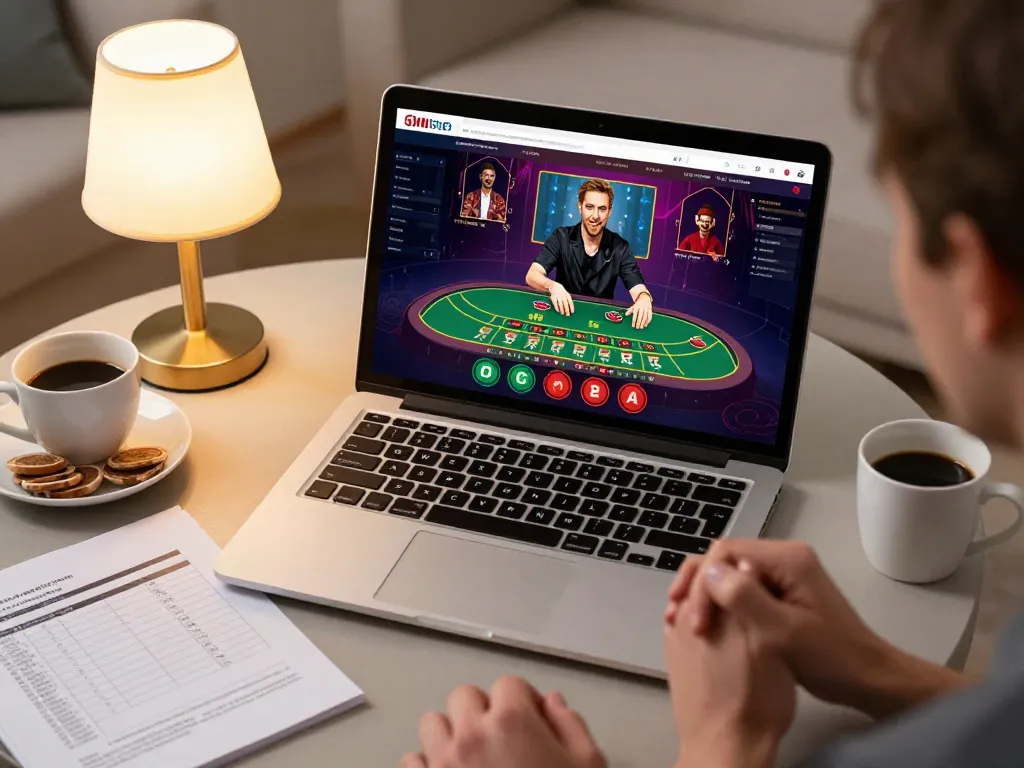 Engaged player on ok365 enjoying blackjack online, illuminated game interface and cozy home setup.