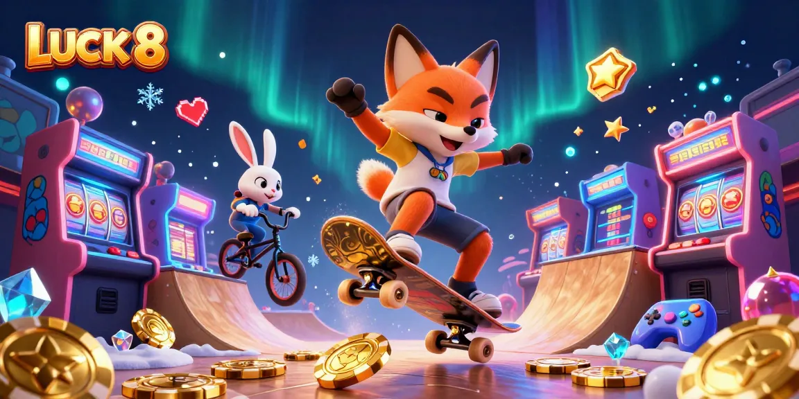 Engage in thrilling casino action with LUCK 8 featuring vibrant characters and dynamic elements.