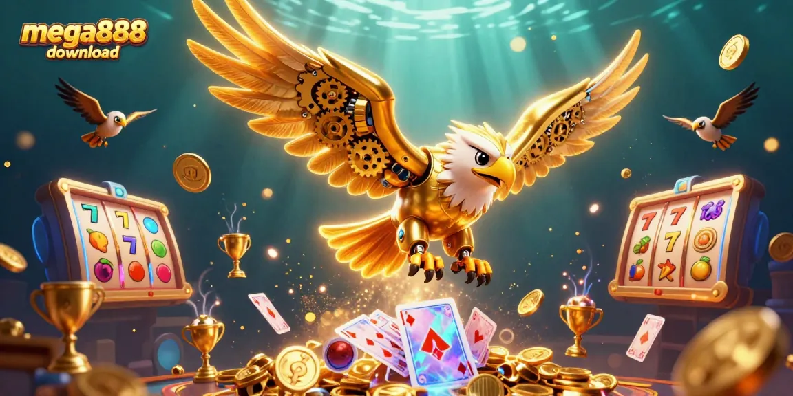 Experience mega888 download excitement with 3D golden eagle amongst vibrant casino game elements