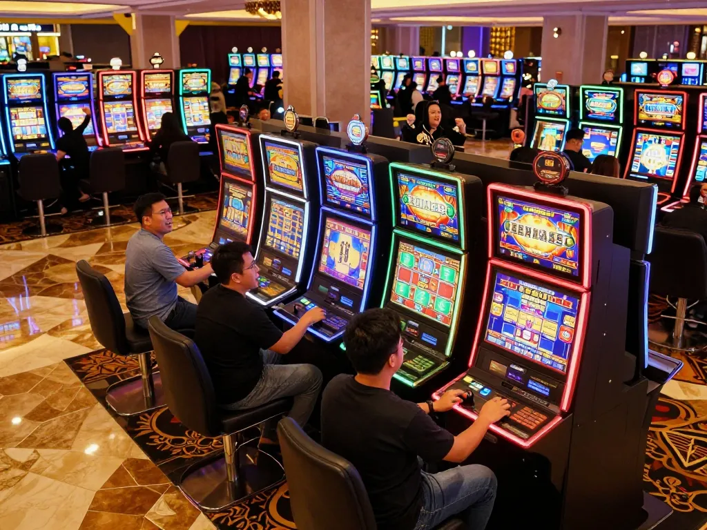 Players celebrating at slot machines in busy casino floor, embodying the thrill of slot gacor hari ini.