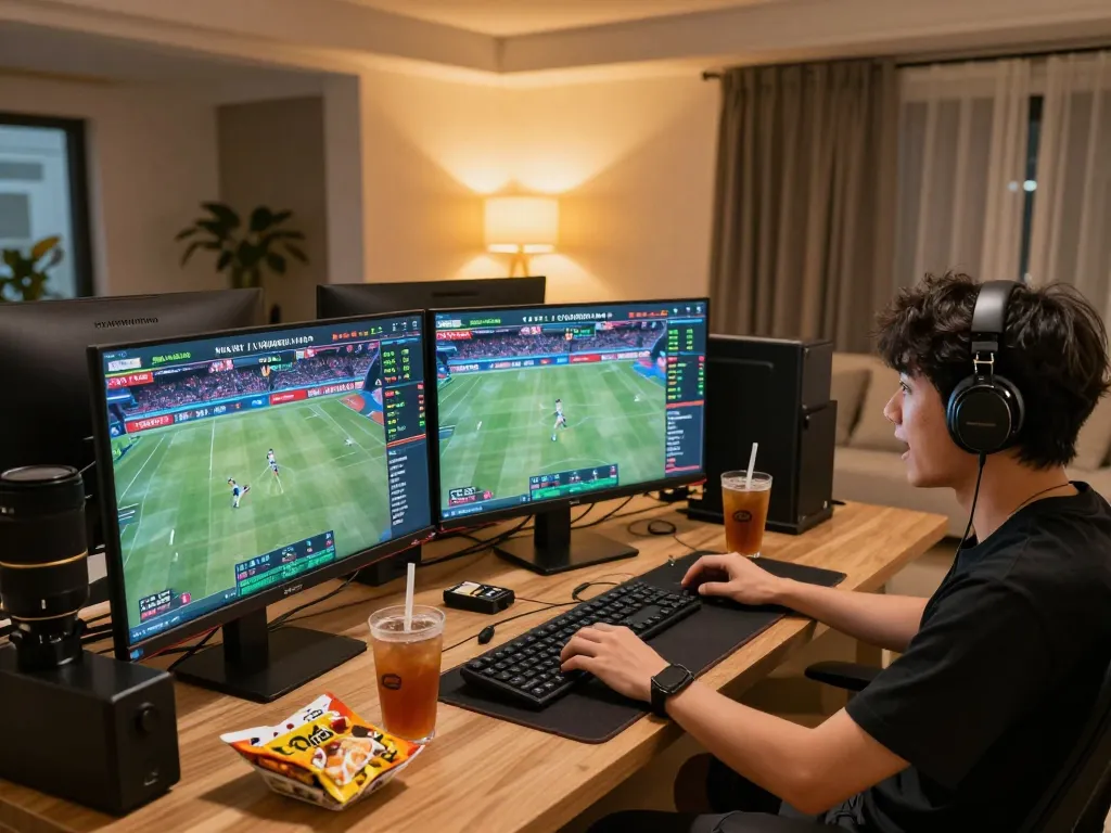 Engaging with live sports betting on nk88, showcasing excitement in a modern home setup.