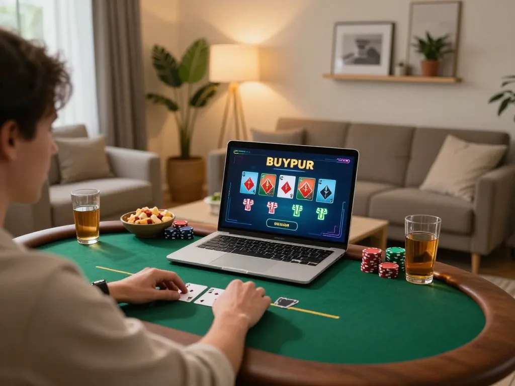 tr88 player enjoying online poker at home with laptop and snacks