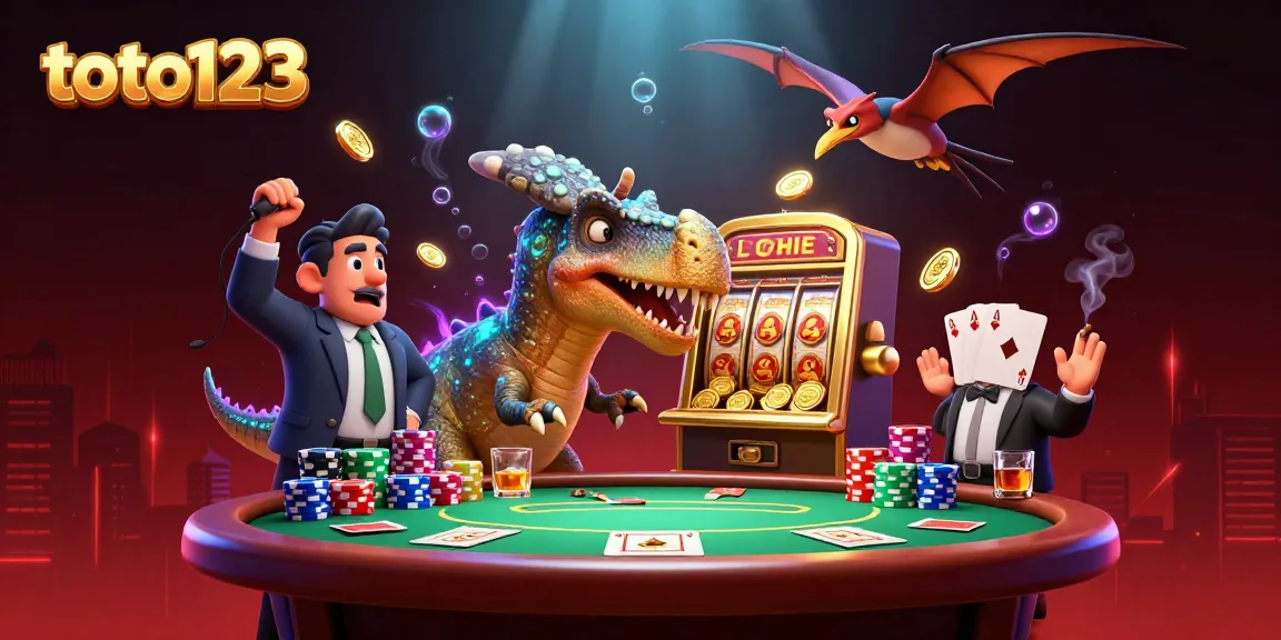 Experience thrilling jackpots at toto123 with a cartoon dinosaur and casino visuals in this vibrant illustration.