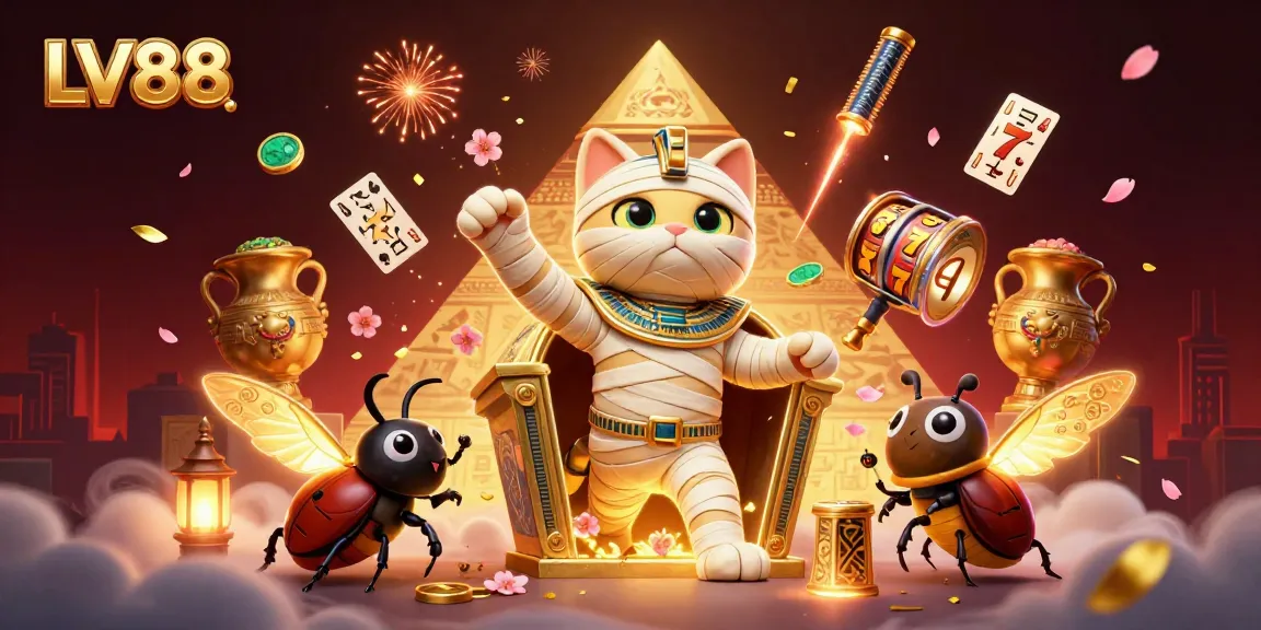 Experience the excitement of LV88 with a dynamic 3D illustration featuring a mummy cat amidst spinning slot reels.