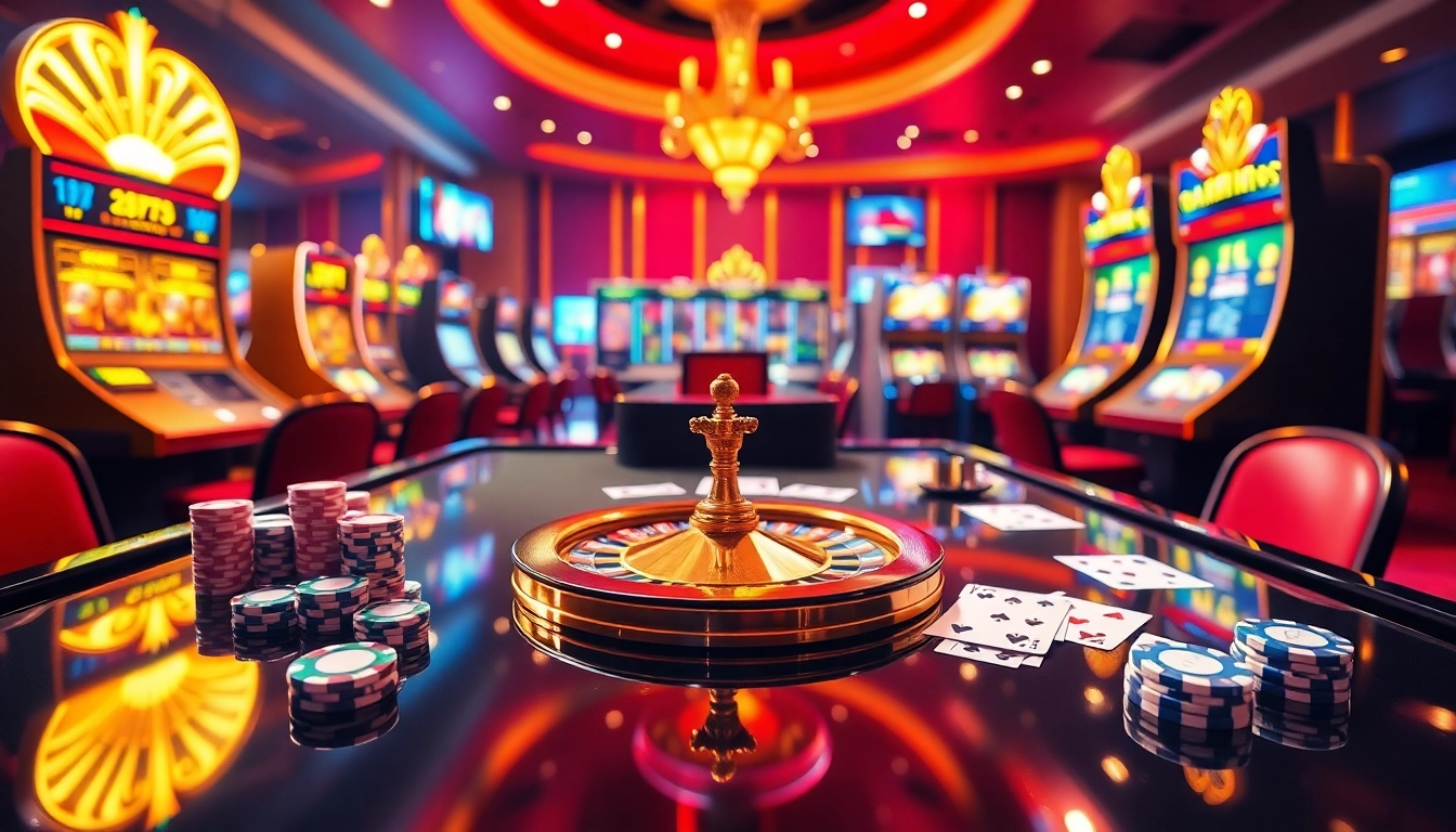 Experience thrilling gameplay at https://rikvip11.xyz/, featuring casino tables, bright chips, and a roulette wheel.