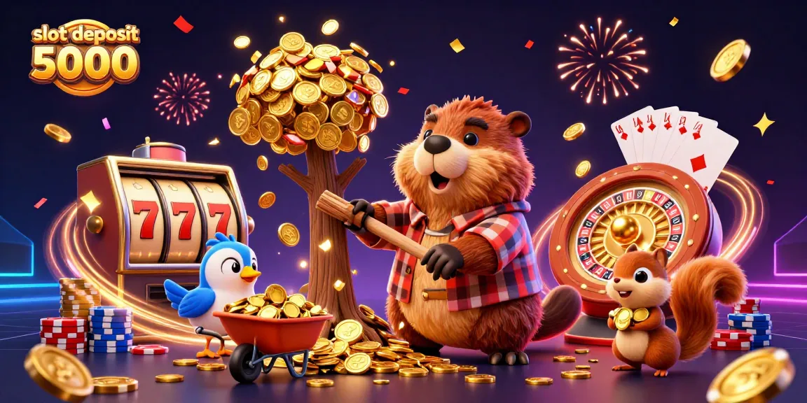 Join the fun with slot deposit 5000, featuring 3D characters celebrating around a vibrant slot machine scene.