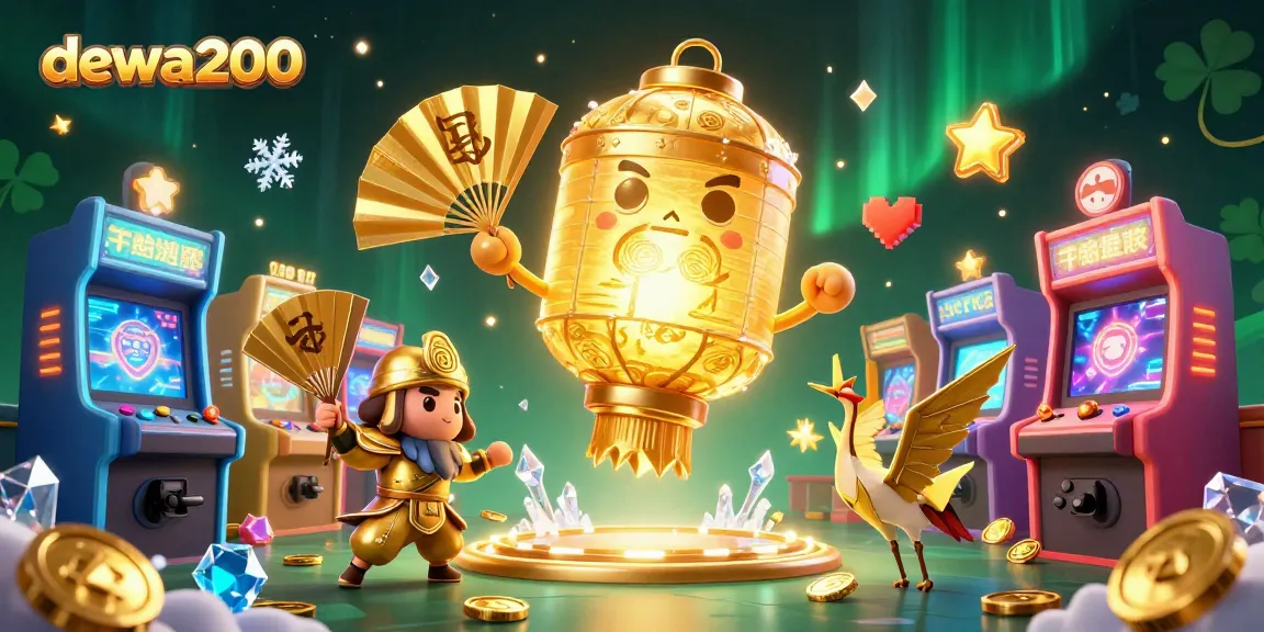 Mengalami keseruan bermain di kasino online dewa200 dengan lampion emas dan permainan arcade yang berwarna-warni.