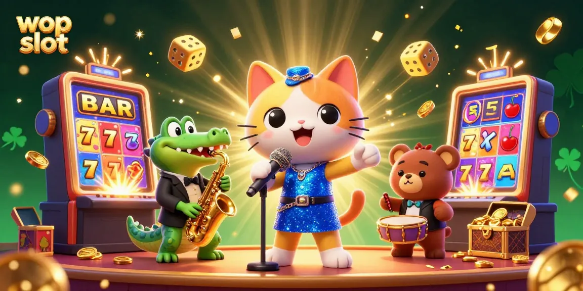Experience the excitement of Wop Slot with colorful characters and casino elements bursting with winning potential.