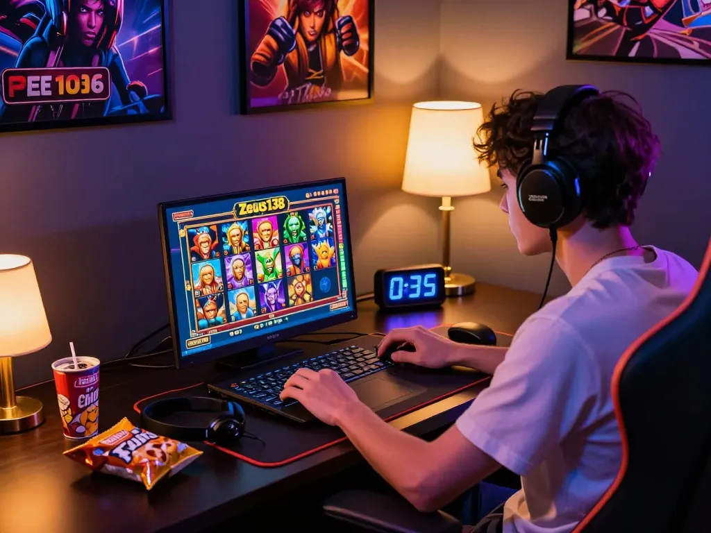 Exciting Zeus138 online gaming experience with player engaged in colorful slot games on laptop, immersive setup reflecting 2026 gaming trends.