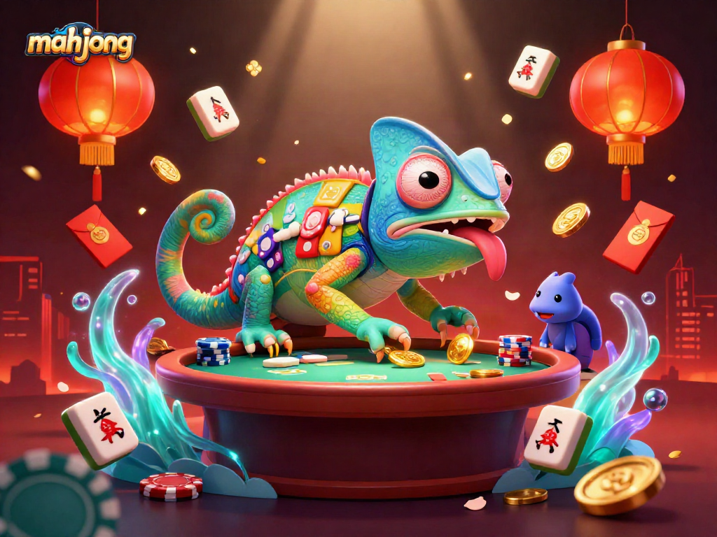 Permainan mahjong yang memukau dikelilingi karakter chameleon kasino dalam suasana meriah, tepat untuk para penggemar judi.