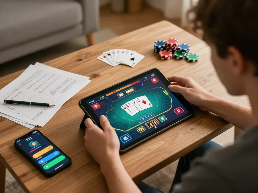 Engaging in an online poker game on Fokus777 with vibrant card graphics and strategic notes.