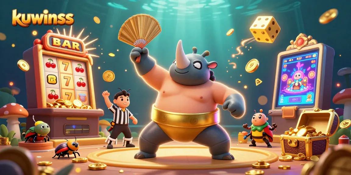 Experience the excitement of kuwinss as the sumo champion beetle sends coins flying in a vibrant casino.