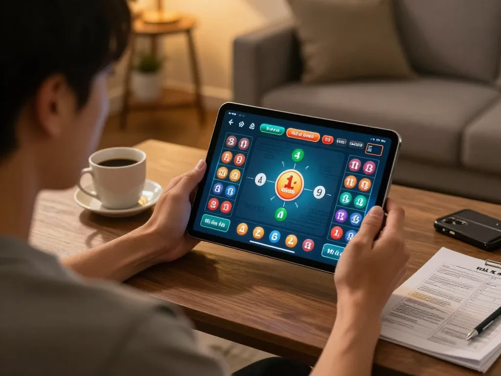 Tái xỉu online gameplay on tablet surrounded by strategy notes and warm home lighting.