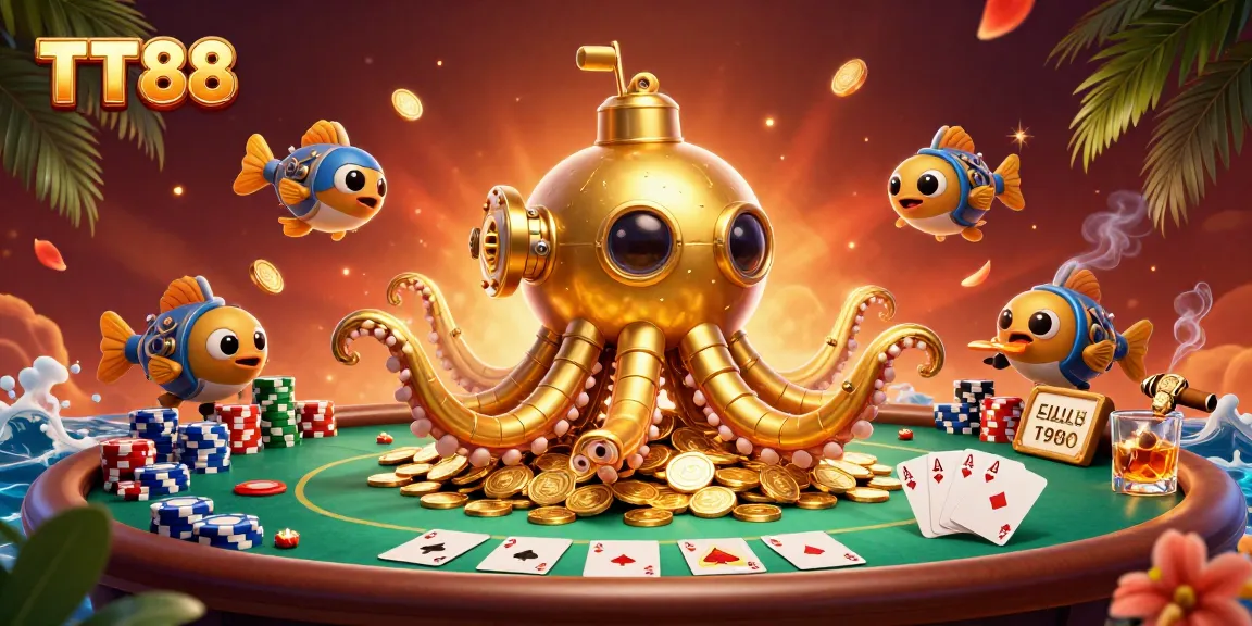 Experience excitement at TT88 with a 3D kraken submarine amidst golden coins and poker elements.