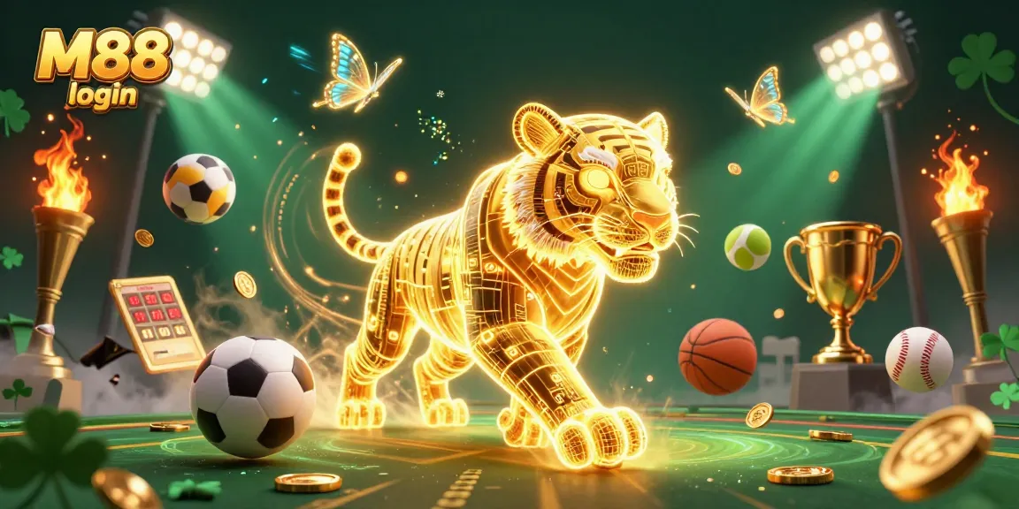 M88 login with a golden tiger and dynamic sports elements, creating an engaging online gambling experience.
