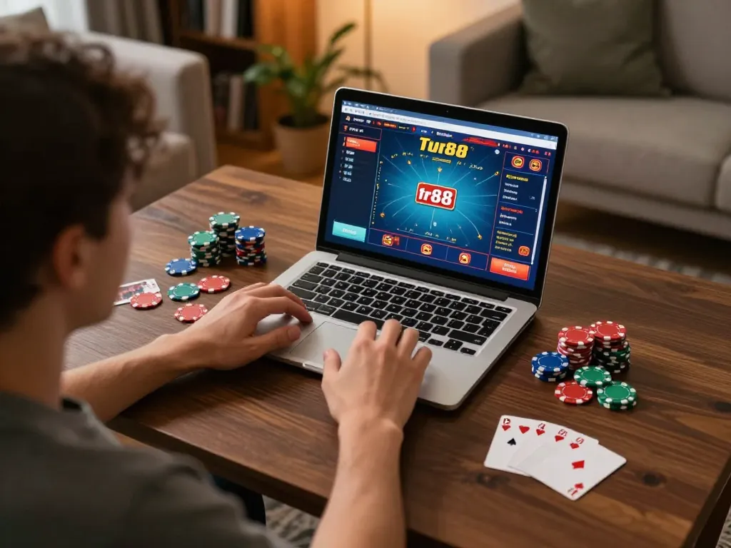 Engaging gameplay at tr88 where a player enjoys online casino gaming at home with poker chips.