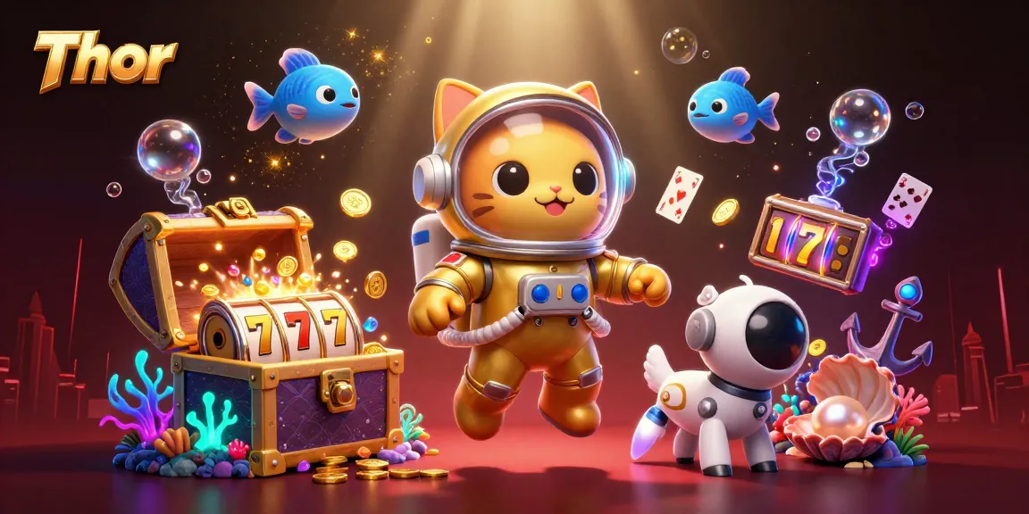 Thor animated scene with a space cat and dog among slot reels and glowing gems