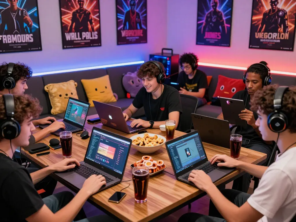 Players immersed in html porn games at a vibrant gaming lounge with devices, snacks, and LED lights.