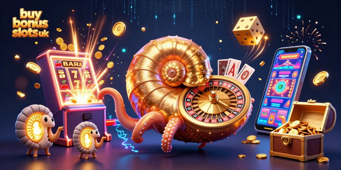 Play buy bonus slots UK with a vibrant 3D casino illustration featuring a giant nautilus and jackpot elements.