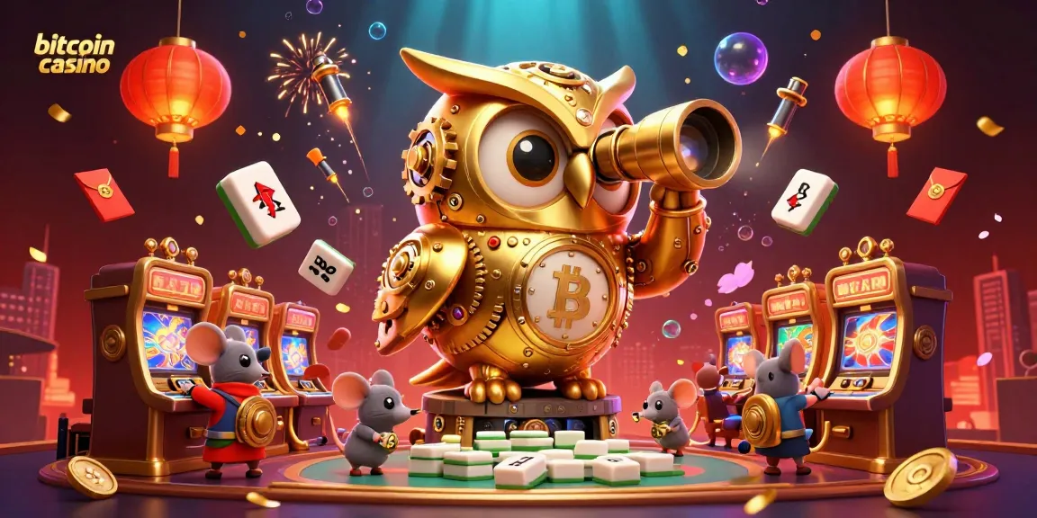 Engage with the thrilling atmosphere of a bitcoin casino, featuring a whimsical golden owl and lively mouse patrons.