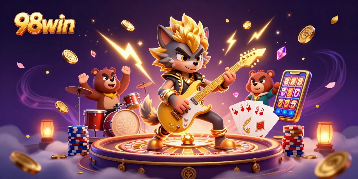Experience exciting wins at 98win with vibrant casino action featuring a rock star wolf and thrilling games.