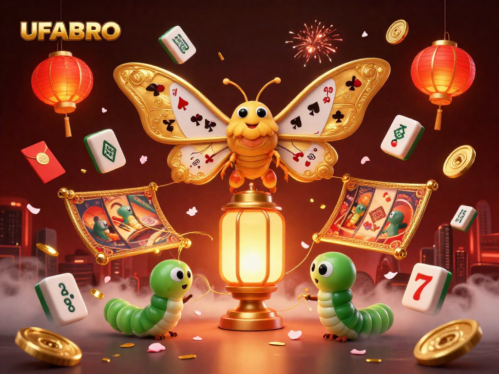 Experience winning at UFABRO with an enchanting illustration of a golden moth over dynamic casino scenes.