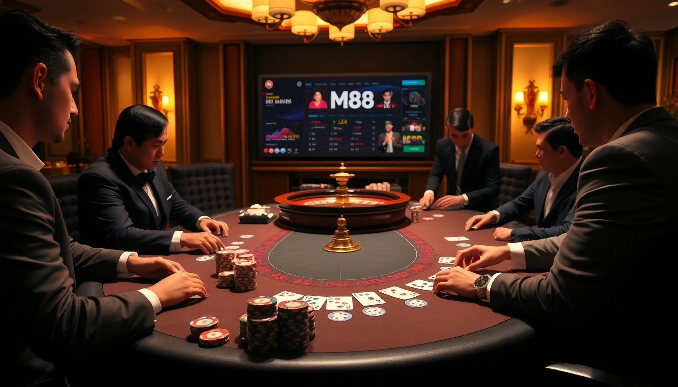 Players engaging in high-stakes poker at M88 casino, showcasing luxury and excitement in gambling.